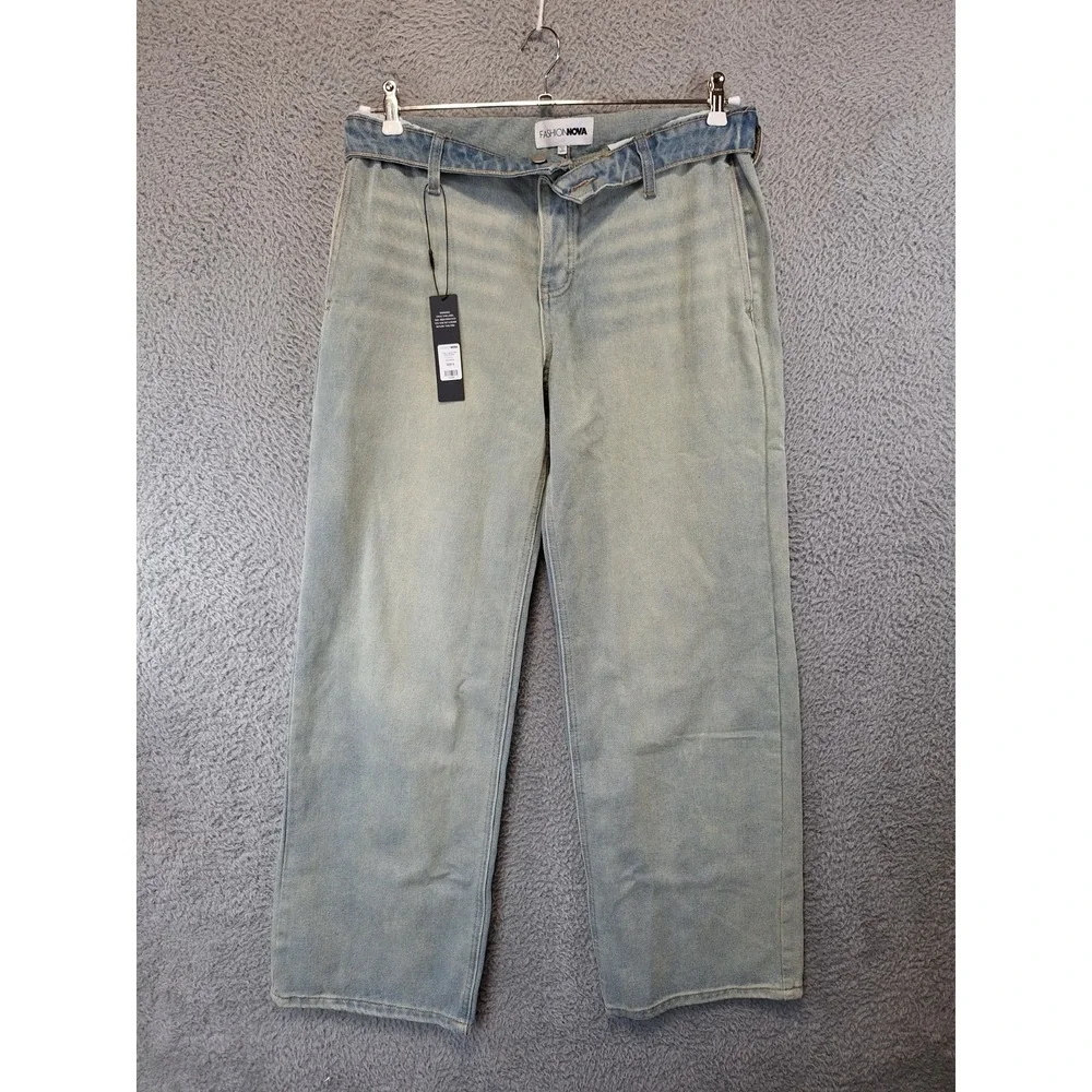 Fashion Nova Jeans Womens 9 (Fits‎ 34x32) Blue Frankie Foldover Tinted Wide Leg